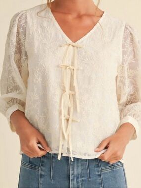 Because He Lives Boho Bow Tie Textured Top (Ivory) Jodifl Small NWT